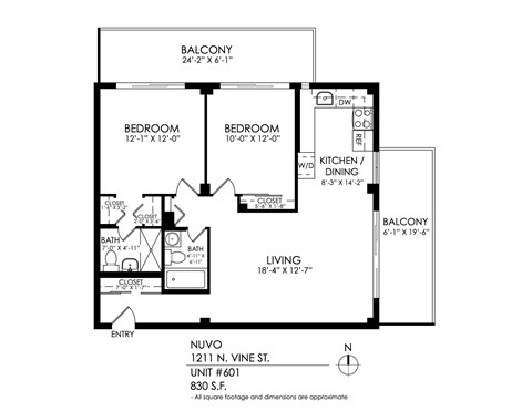 A drawing of a house layout with a balcony, two bedrooms, a bathroom, a living room, a kitchen, and a dining area.